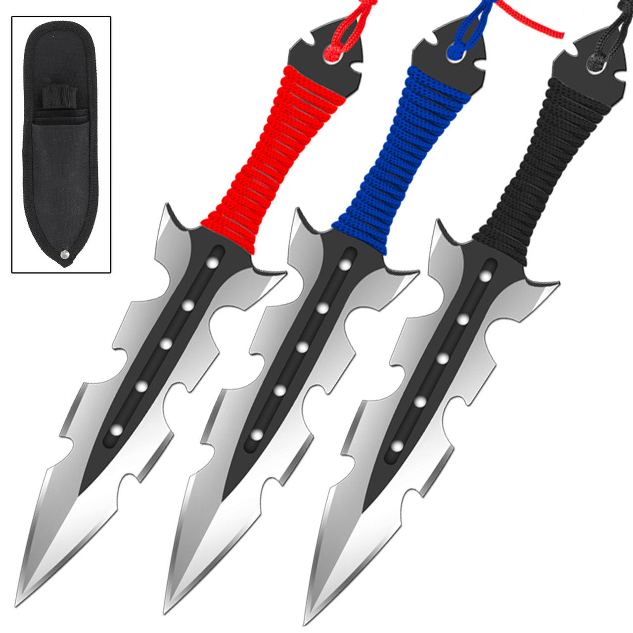 7" Shark Tooth Throwing Knives Black Red Blue Ninja Knife - 3 PC Set Knife-Thrower - Tophatter Daily Deals
