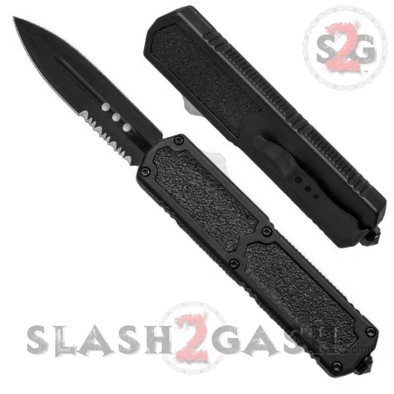 Titan OTF Knife D/A Black Automatic Switchblade TAIWAN - upgraded Double Serrated (combo edge) - Black Knife-OTF - Tophatter Daily Deals