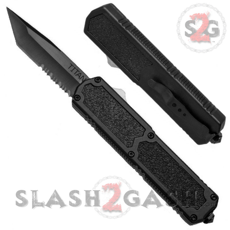 Titan OTF Dual Action Black Tactical Automatic Knife Tanto Plain Serrated Edge Knife-OTF - Tophatter Daily Deals