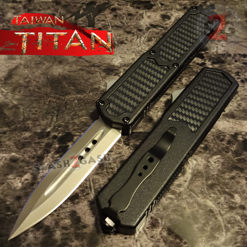 Titan OTF Knife D/A Black Automatic Switchblade TAIWAN - upgraded Double Edge (carbon fiber) - Satin Knife-OTF - Tophatter Daily Deals