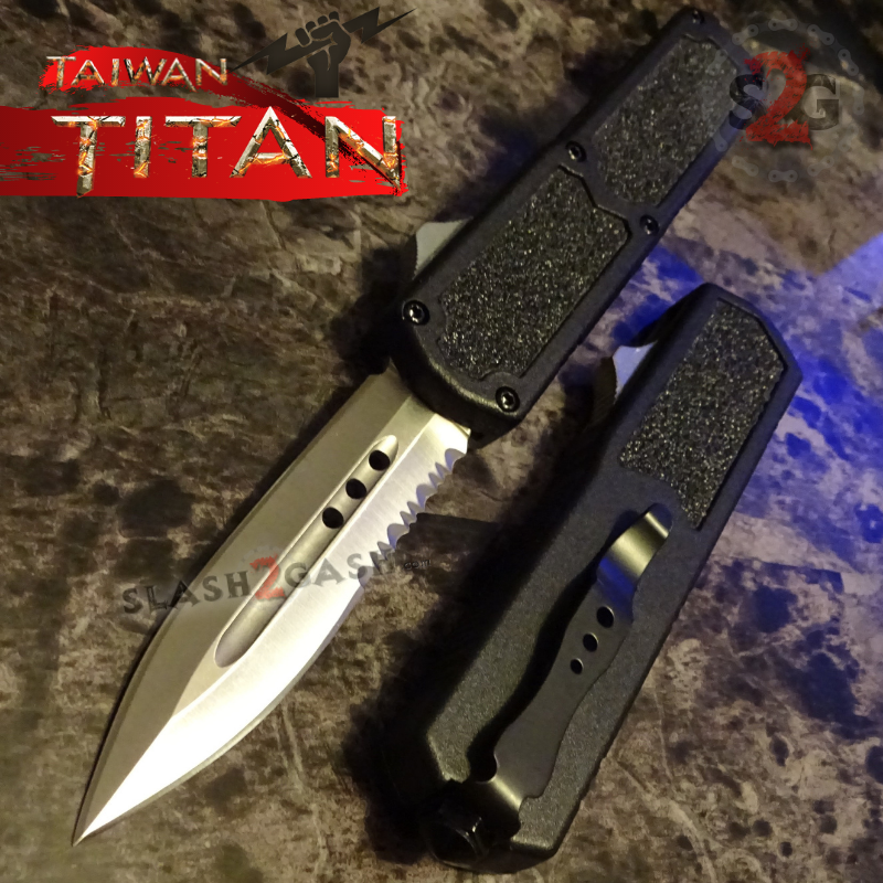 Titan OTF Knife D/A Black Automatic Switchblade UPGRADED - Dagger Ser Silver Dagger - Serrated Edge Knife-OTF - Tophatter Daily Deals