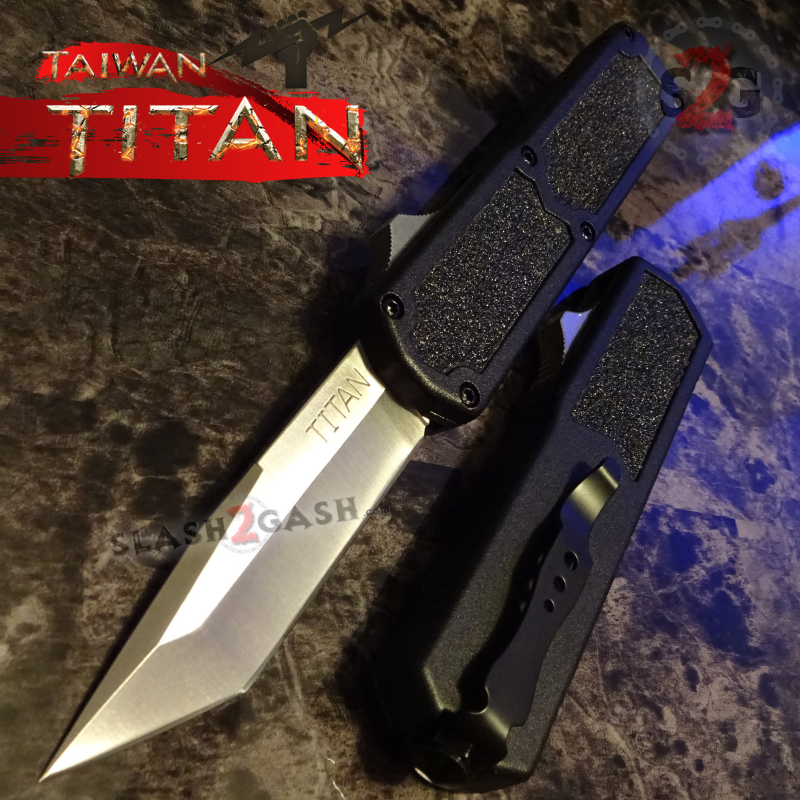 Titan OTF Knife D/A Black Automatic Switchblade TAIWAN - upgraded Tanto Plain - Satin Knife-OTF - Tophatter Daily Deals