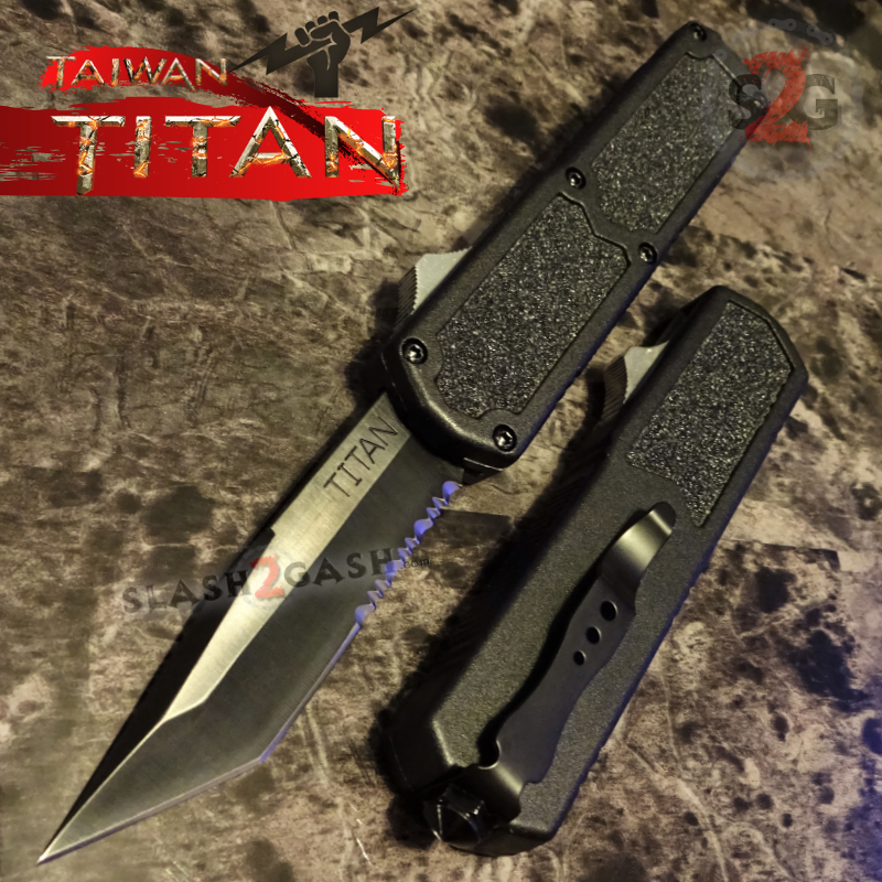 Titan OTF Knife D/A Black Automatic Switchblade TAIWAN - upgraded Tanto Serrated - Black Knife-OTF - Tophatter Daily Deals