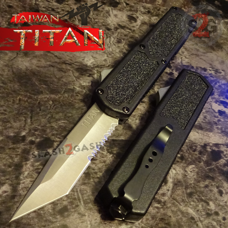 Titan OTF Dual Action Black Automatic Knife Tanto Satin Serrated Knife-OTF - Tophatter Daily Deals