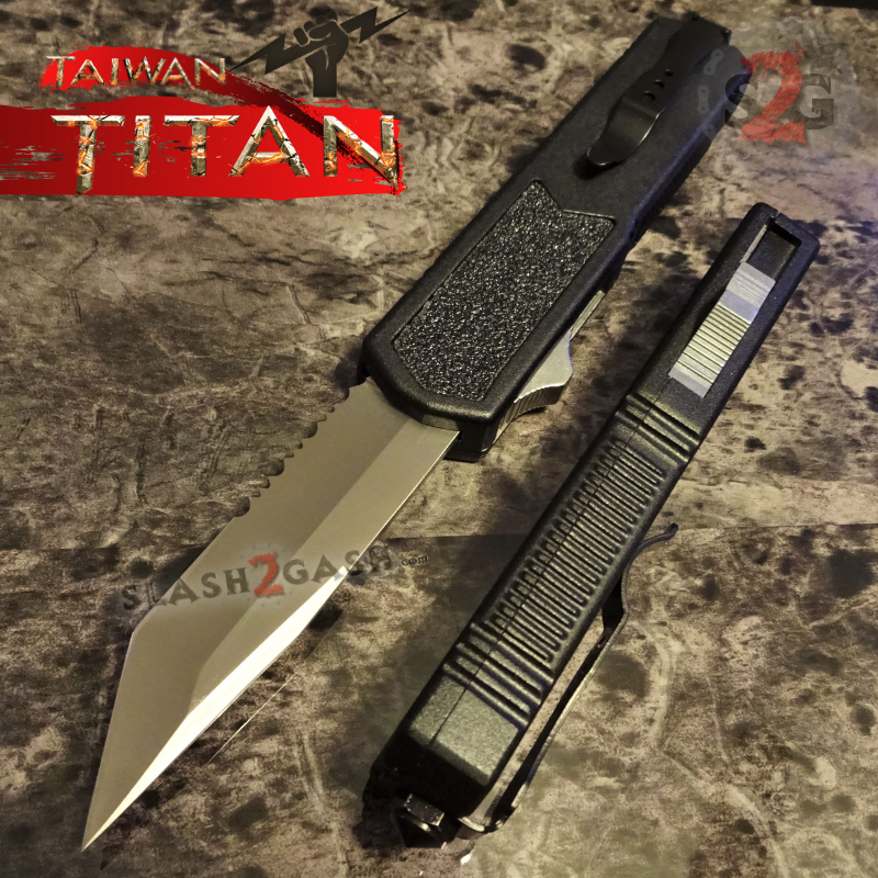 Titan OTF Dual Action Black Automatic Knife Tanto Satin Plain Knife-OTF - Tophatter Daily Deals