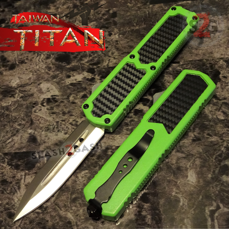 Titan OTF Knife D/A Green Automatic Switchblade TAIWAN - upgraded Double Edge (carbon fiber) - Satin Knife-OTF - Tophatter Daily Deals