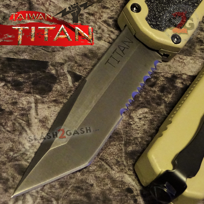 Titan OTF Knife D/A Tan Automatic Switchblade Sand TAIWAN - upgraded Tanto Serrated - Black Knife-OTF - Tophatter Daily Deals