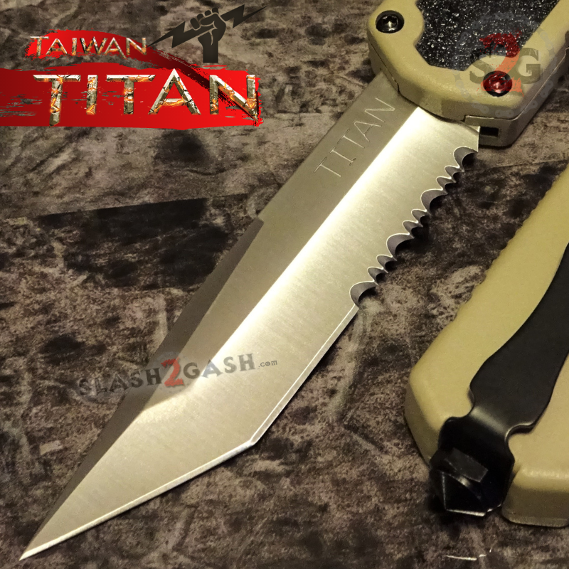 Titan OTF Knife D/A Tan Automatic Switchblade Sand TAIWAN - upgraded Tanto Serrated - Satin Knife-OTF - Tophatter Daily Deals