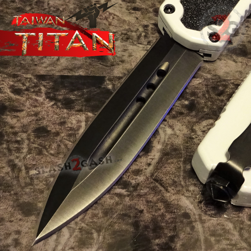 Titan OTF Knife D/A White Automatic Switchblade TAIWAN - upgraded Double Edge Plain - Black Knife-OTF - Tophatter Daily Deals