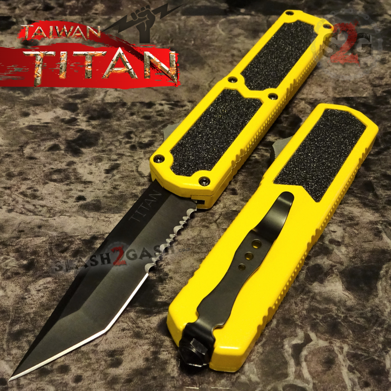 Titan OTF Knife D/A Yellow Automatic Switchblade TAIWAN - upgraded Tanto Serrated - Black Knife-OTF - Tophatter Daily Deals