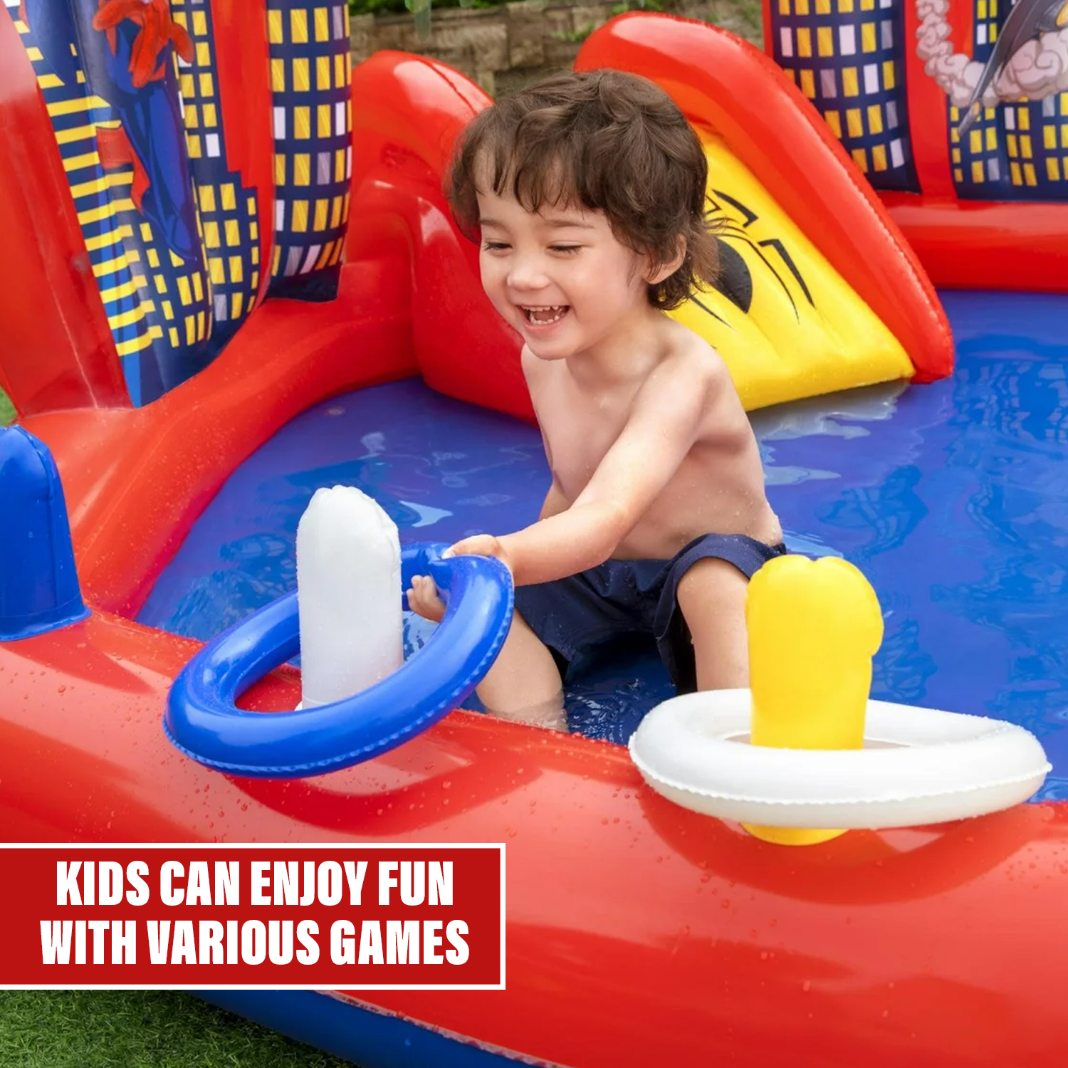 Paddle Pool with Slide – Outdoor Giant Spiderman Water Play Set for Toddlers & Children Outdoor Recreation - Tophatter Daily Deals