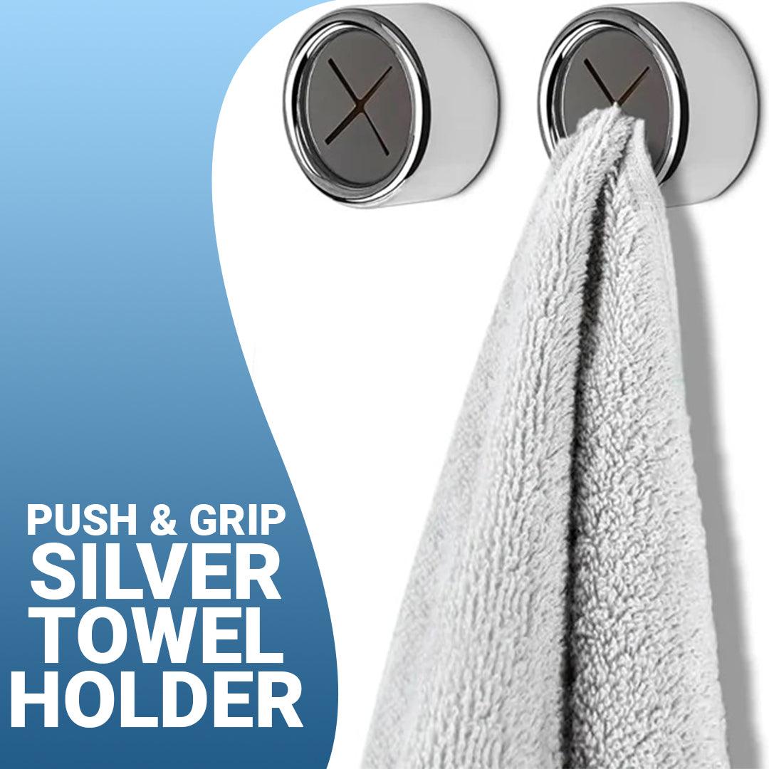 Tea Towel Holders Push and Grip - PUSH & GRIP Silver Towel Holder Triple Hooks Self adhesive No Drilling Bathroom Personal Care - Tophatter Daily Deals