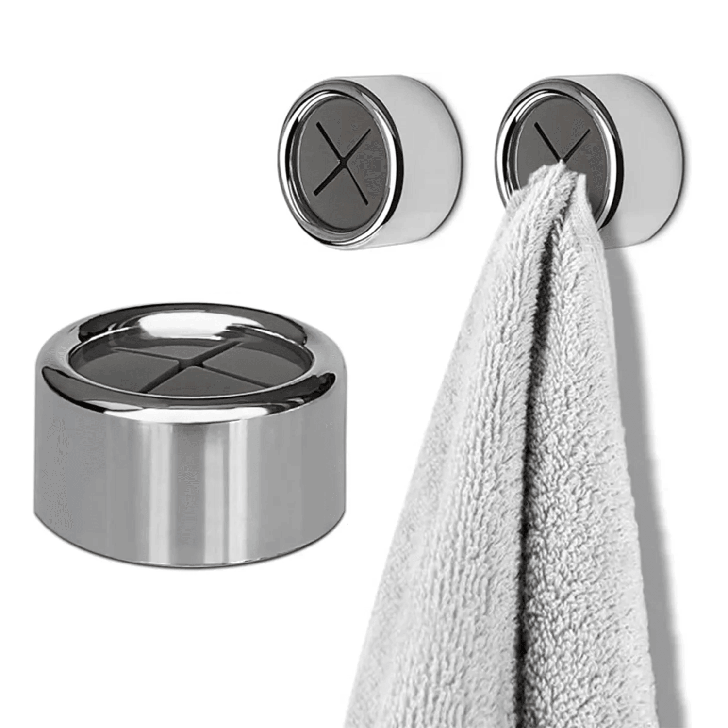 Tea Towel Holders Push and Grip - PUSH & GRIP Silver Towel Holder Triple Hooks Self adhesive No Drilling Bathroom Personal Care - Tophatter Daily Deals
