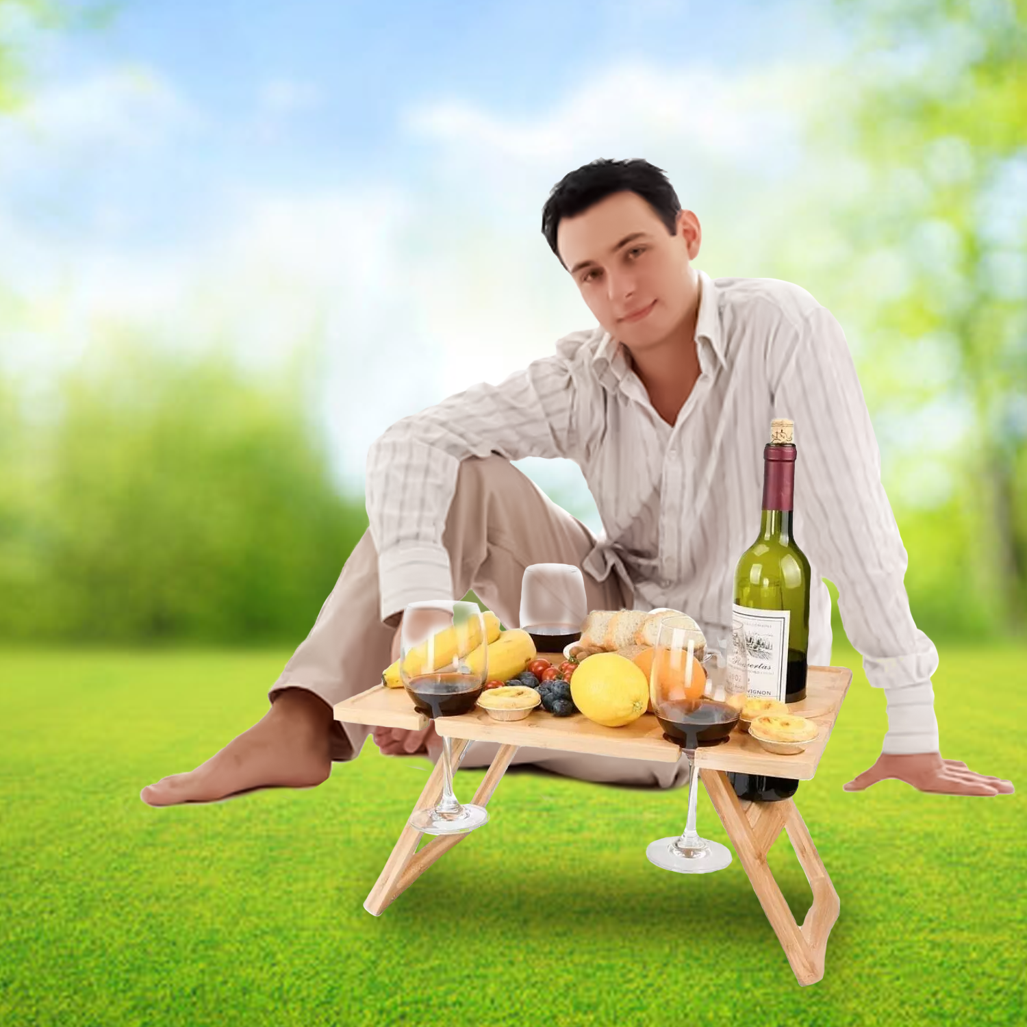 Wine Picnic Table – Portable Wooden Table with Glass Holders for Outdoor Use Wine picnic table - Tophatter Daily Deals