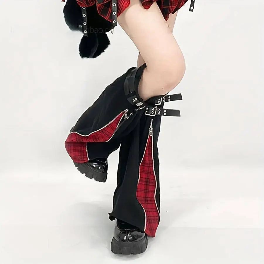 Trend Original Subculture Punk Gothic Style Cool Red Grid Zipper Adjustable Leggings + 4 Straps Black One-size - Tophatter Daily Deals