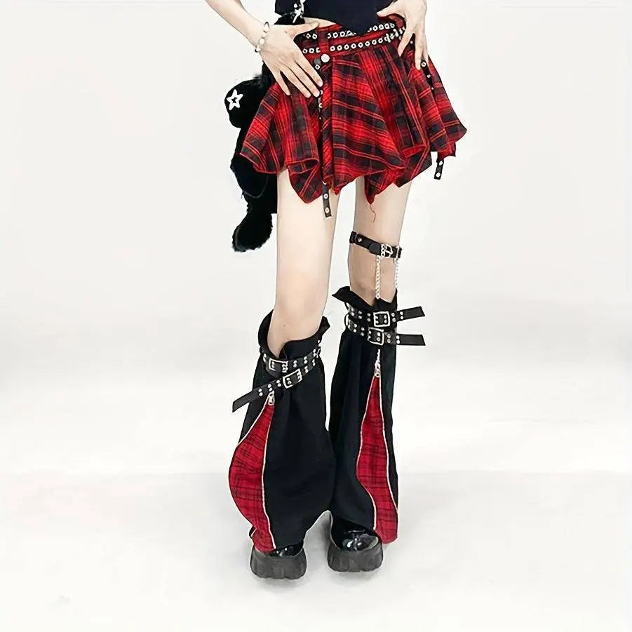 Trend Original Subculture Punk Gothic Style Cool Red Grid Zipper Adjustable Leggings + 4 Straps - Tophatter Daily Deals