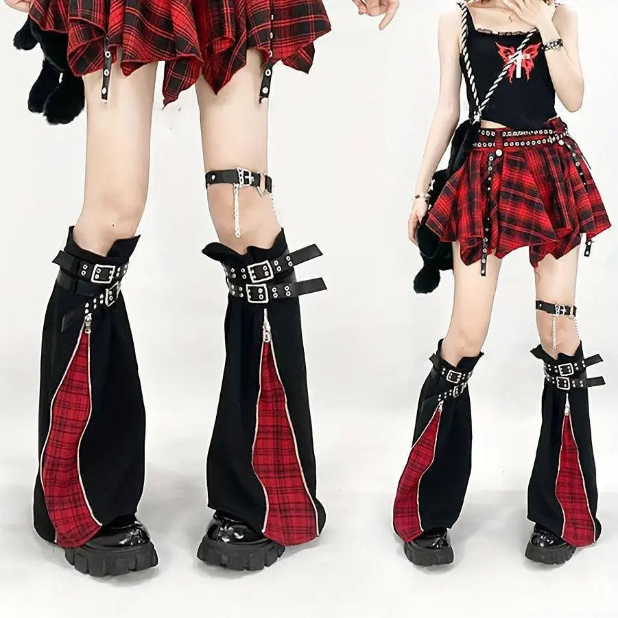 Trend Original Subculture Punk Gothic Style Cool Red Grid Zipper Adjustable Leggings + 4 Straps - Tophatter Daily Deals