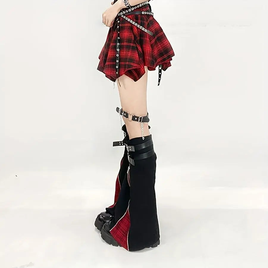 Trend Original Subculture Punk Gothic Style Cool Red Grid Zipper Adjustable Leggings + 4 Straps - Tophatter Daily Deals