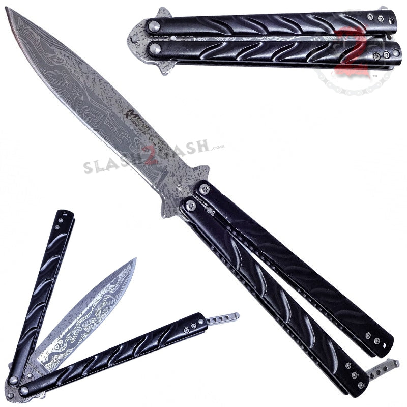 Twist Butterfly Knife Drop Point Balisong - Black Damascus Black Damascus Knife-Balisong - Tophatter Daily Deals