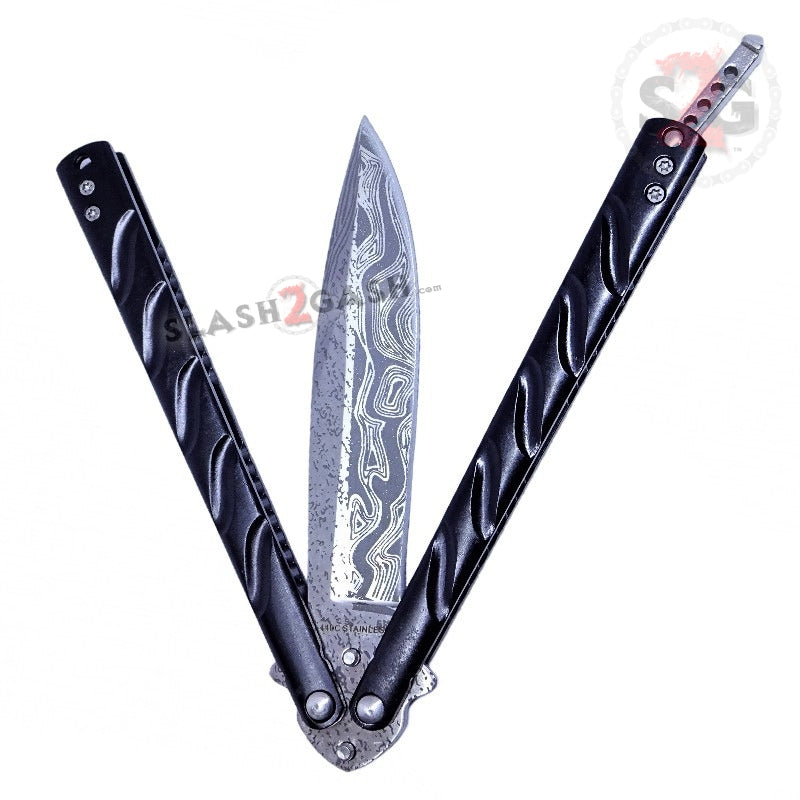 Twist Butterfly Knife Drop Point Balisong - Black Damascus Knife-Balisong - Tophatter Daily Deals