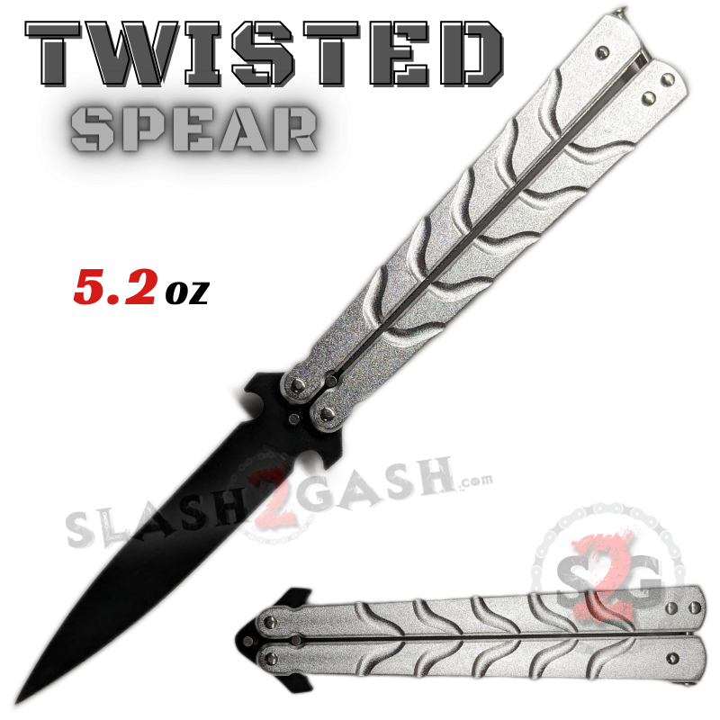 Twisted Spear Dagger Butterfly Knife Balisong w/ Rivets - Silver Silver Knife-Balisong - Tophatter Daily Deals