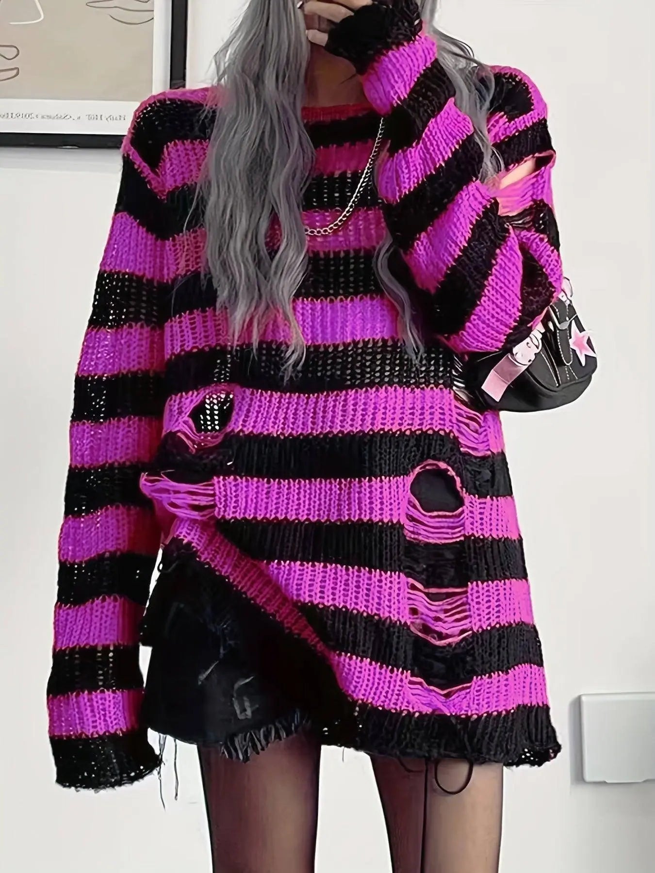 Two-tone Boat Neck Pullover Sweater, Casual Long Sleeve Ripped Sweater For Spring & Fall, Women's Clothing - Tophatter Daily Deals