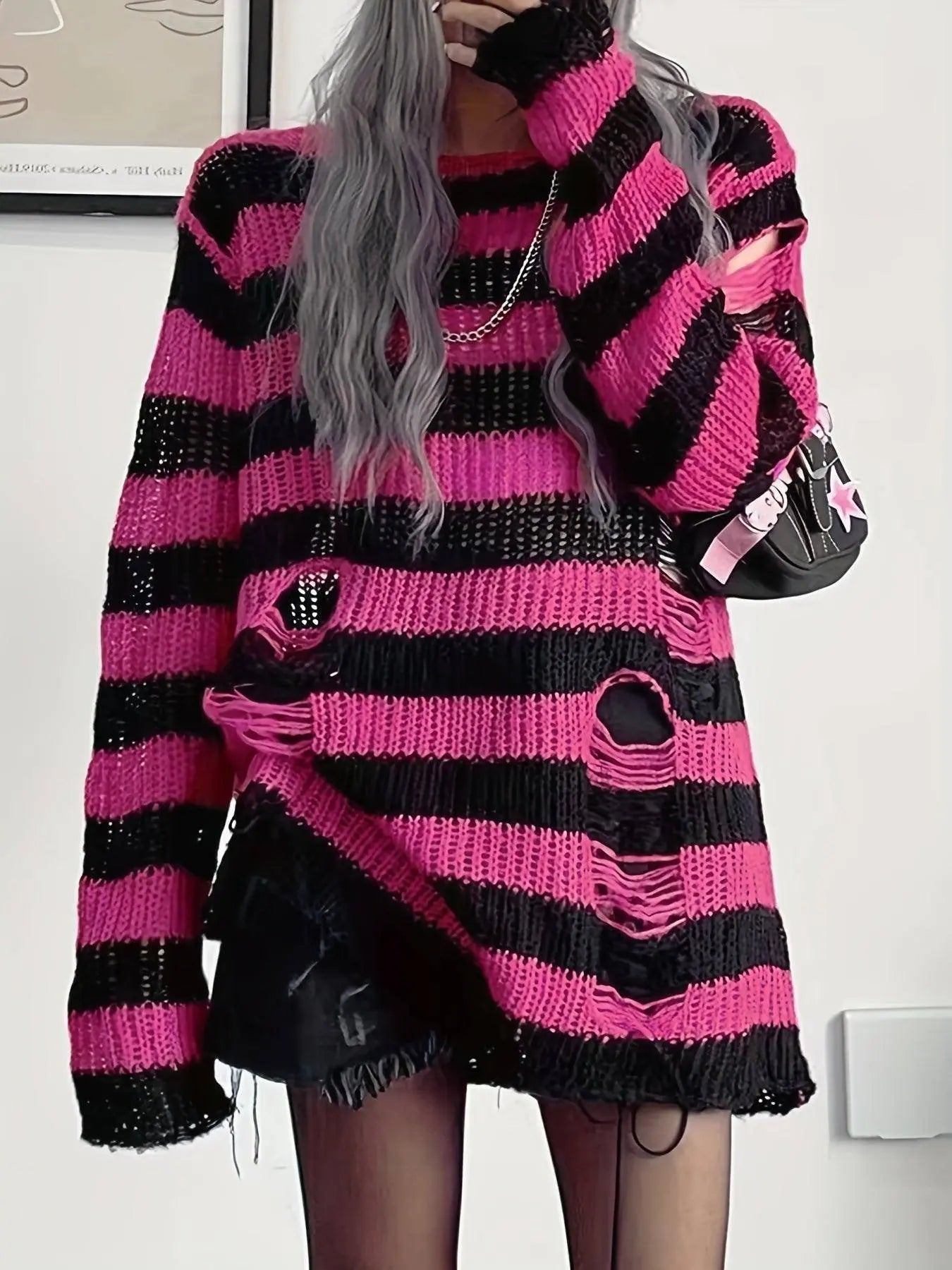 Two-tone Boat Neck Pullover Sweater, Casual Long Sleeve Ripped Sweater For Spring & Fall, Women's Clothing - Tophatter Daily Deals