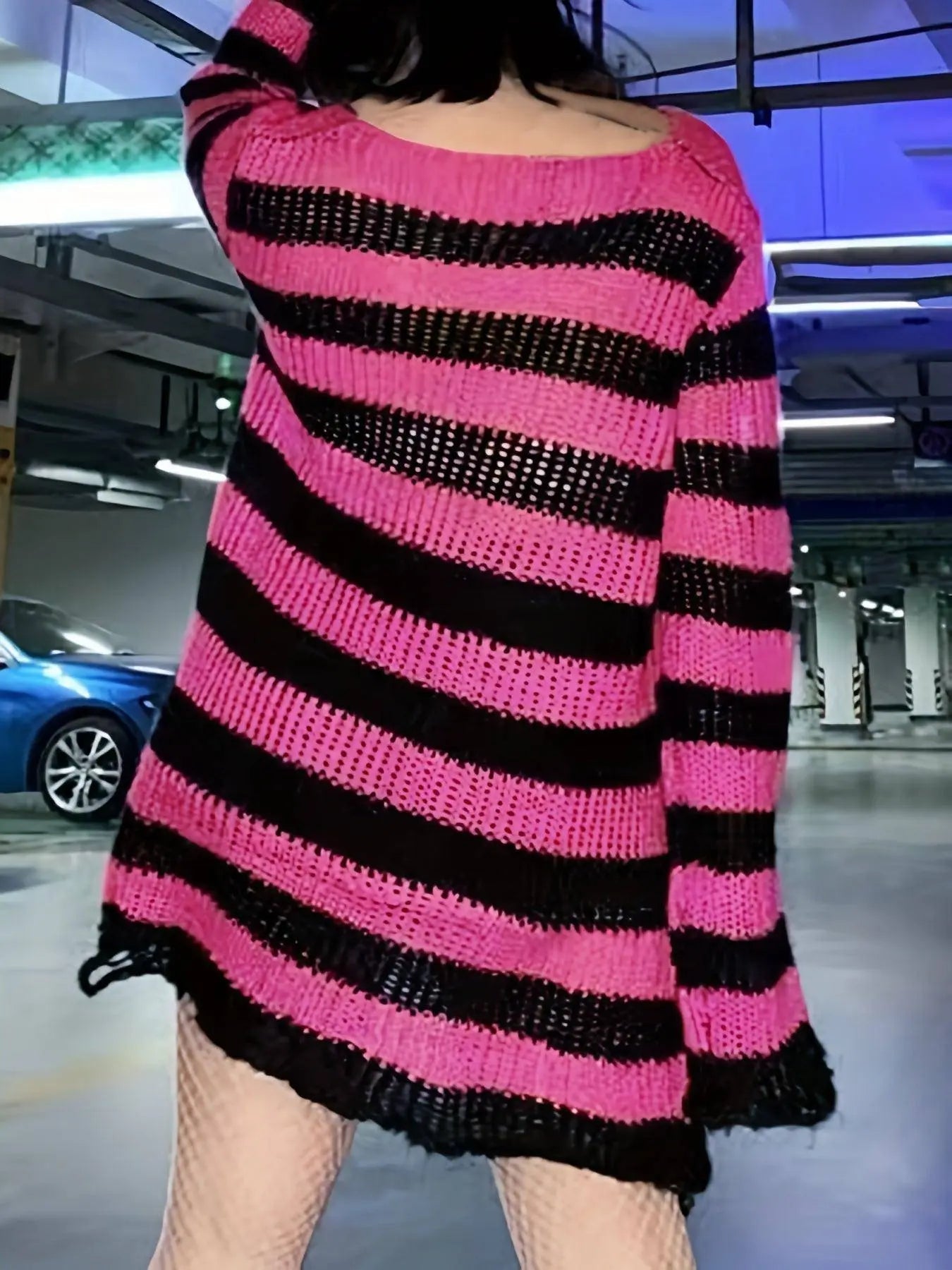 Two-tone Boat Neck Pullover Sweater, Casual Long Sleeve Ripped Sweater For Spring & Fall, Women's Clothing - Tophatter Daily Deals