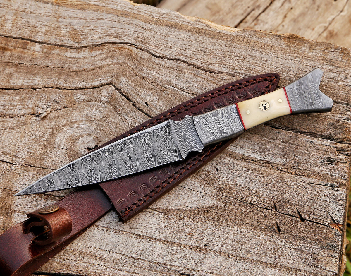 Fixed Blade Handmade Damascus Steel Hunting Dagger Knife Bone Handle - TOPHATTER'S ARMORY DEALS Collectible Weapons - Tophatter Daily Deals