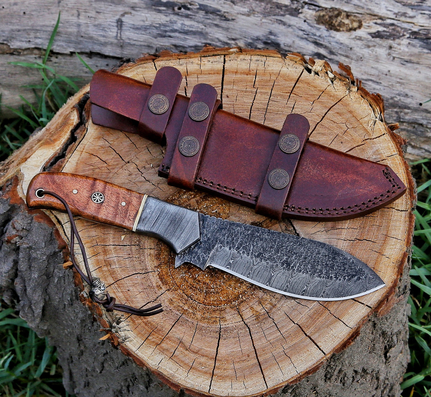 10.5" Custom Handmade Hammered Damascus Steel Hunting Skinning Knife - Tophatter's Inc. Weapons Store Online Collectible Weapons - Tophatter Daily Deals