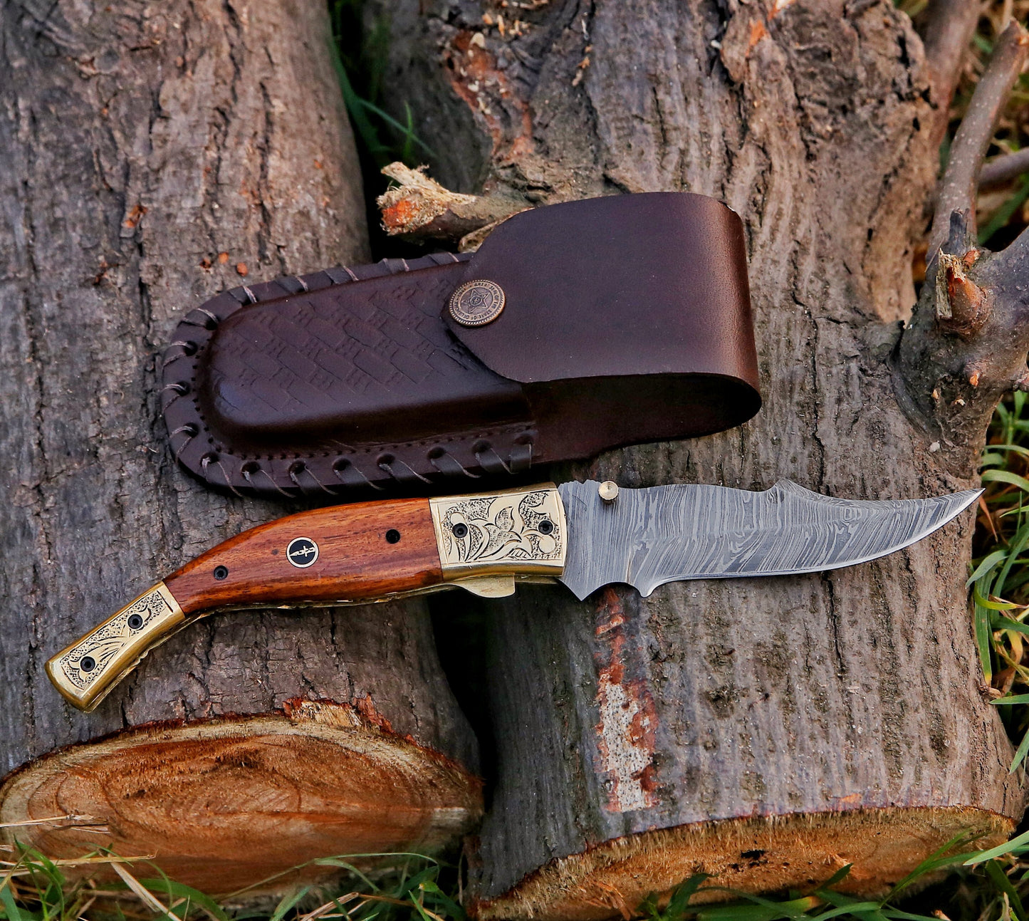 9" Damascus Steel Custom Hand Engraved Pocket Knife - TOPHATTER'S ARMORY DEALS Collectible Weapons - Tophatter Daily Deals