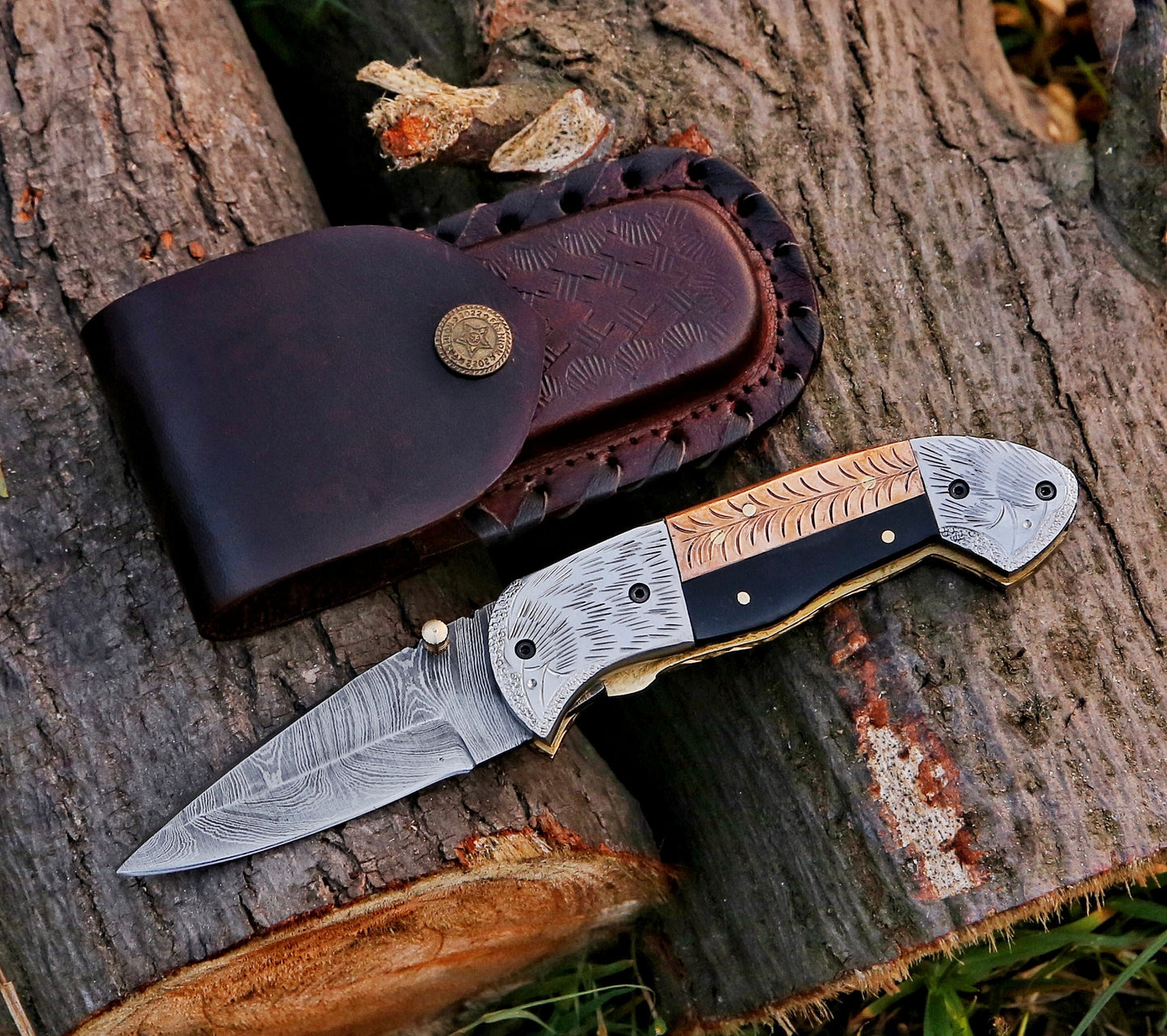 8" Damascus Steel Custom Hand Engraved Folding Pocket Knife - TOPHATTER'S ARMORY DEALS Collectible Weapons - Tophatter Daily Deals