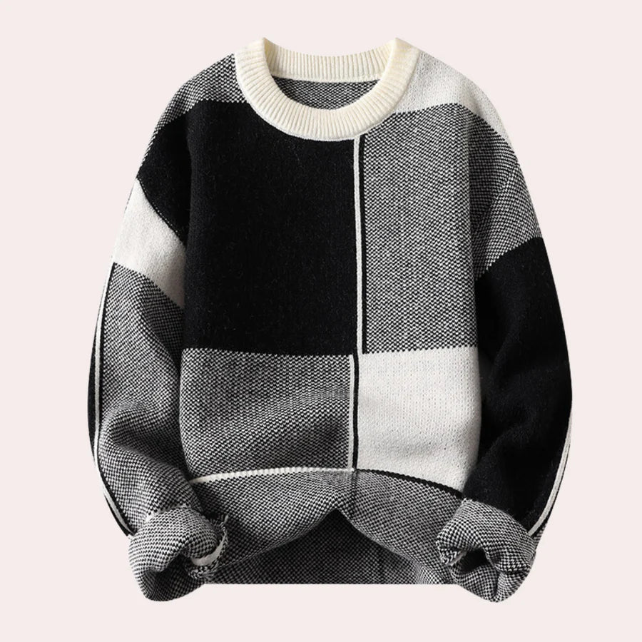 Warm Men’s Sweater - Oversized Check Crewneck, Cotton Black - Tophatter Daily Deals