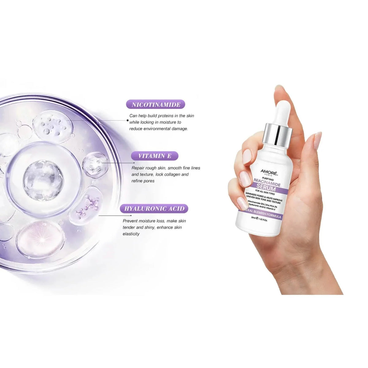 Amore Paris Niacinamide Face Serum 12% Plus Zinc 2%, Hyaluronic Acid & Vitamin E, Dark Spot Remover, Pore Minimizer & Aging Skin Treatment Face Serums - Tophatter Daily Deals