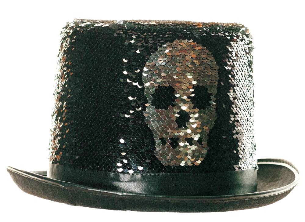 Reversible Silver Sequin Skull Top Hat - Adult Halloween Skeleton Decorations - Tophatter Daily Deals