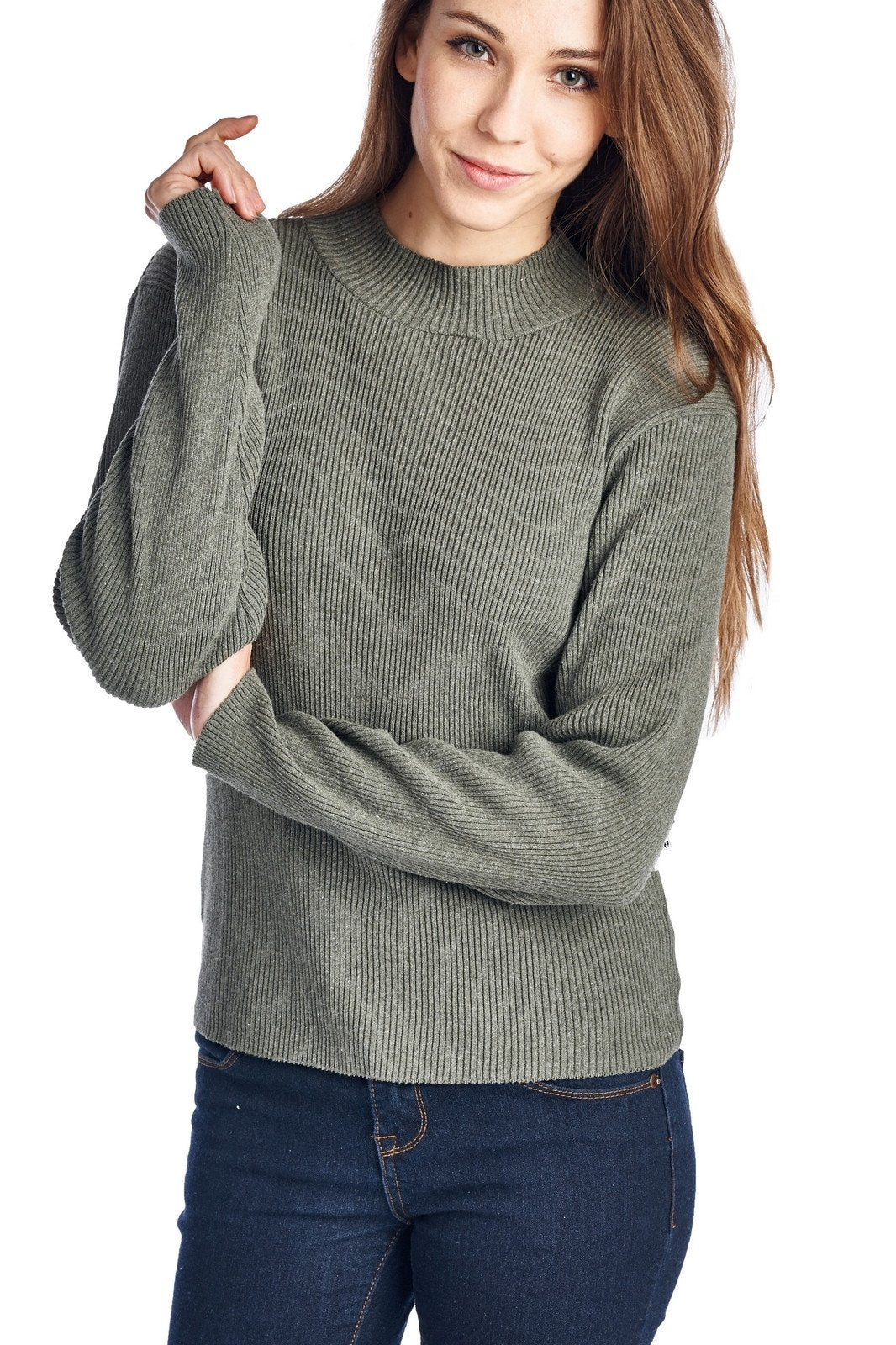 Women's High Neck Rib Knit Sweater Olive 2 Sweater - Tophatter Daily Deals