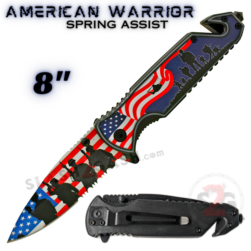 USA Flag Troops Spring Assisted Rescue Knife w/ Drop Point Serrated American Warrior Knife-Assist - Tophatter Daily Deals