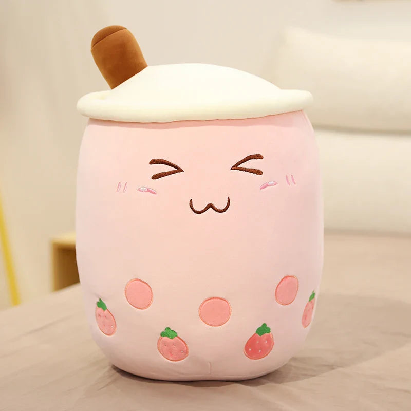 Bubble Tea Boba Milk Tea Drink Plushie Strawberry (Closed Eyes) Food - Tophatter Daily Deals