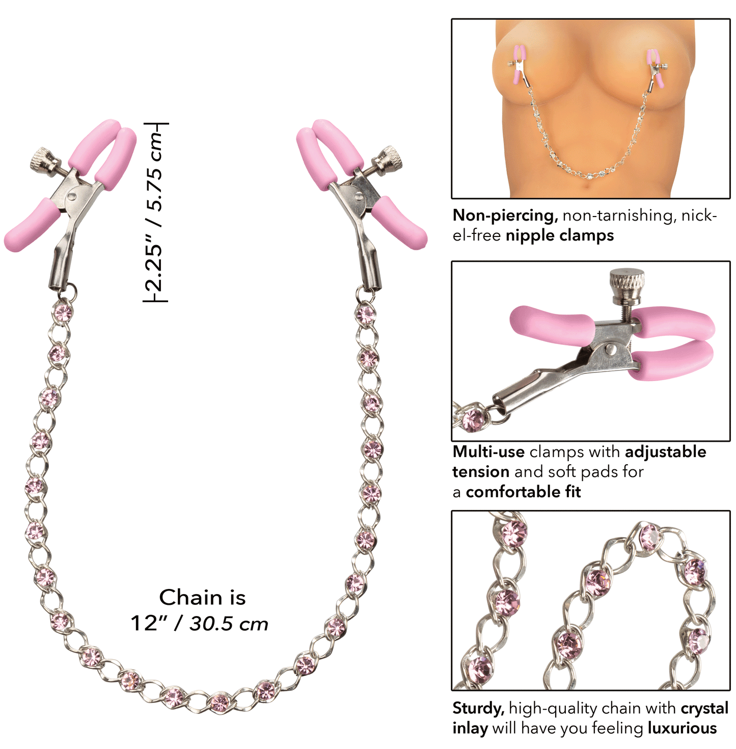 First Time Crystal Nipple Teasers with Pink Silicone Pads and Adjustable Tension Chain > Sex Toys > Nipple Clips - Tophatter Daily Deals