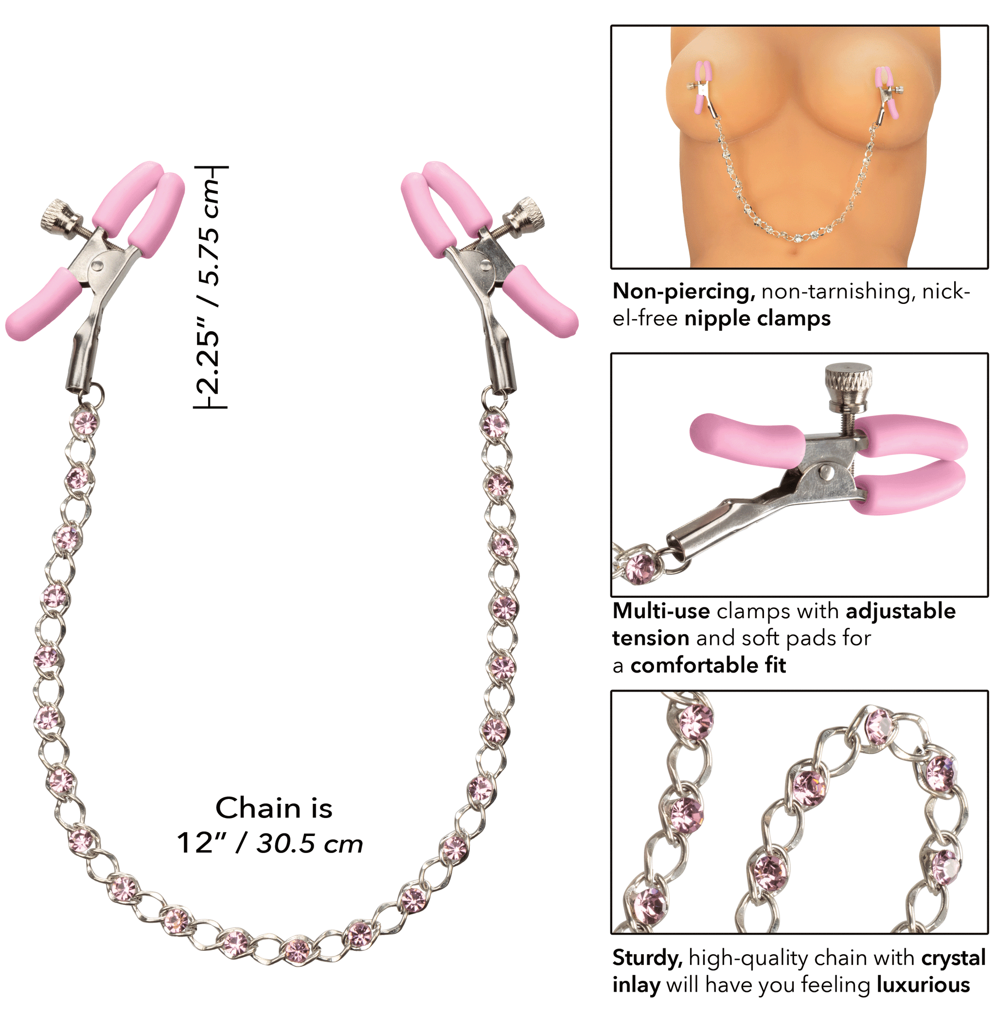 First Time Crystal Nipple Teasers with Pink Silicone Pads and Adjustable Tension Chain > Sex Toys > Nipple Clips - Tophatter Daily Deals