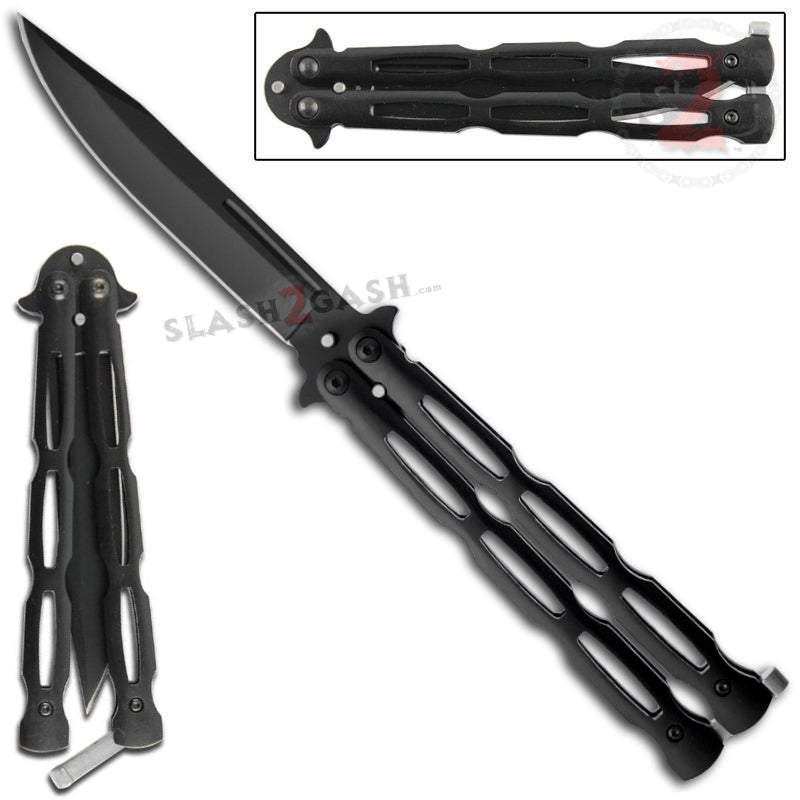 Chainlink Butterfly Knife w/ Cutouts Balisong - Black Black Knife-Balisong - Tophatter Daily Deals