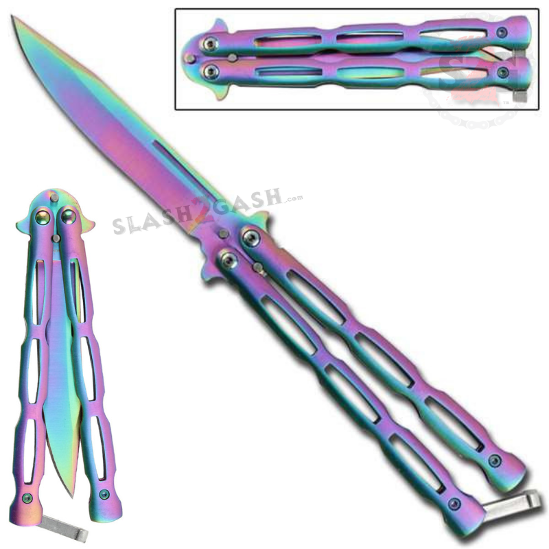 Chainlink Butterfly Knife w/ Cutouts Balisong - Rainbow Rainbow Knife-Balisong - Tophatter Daily Deals