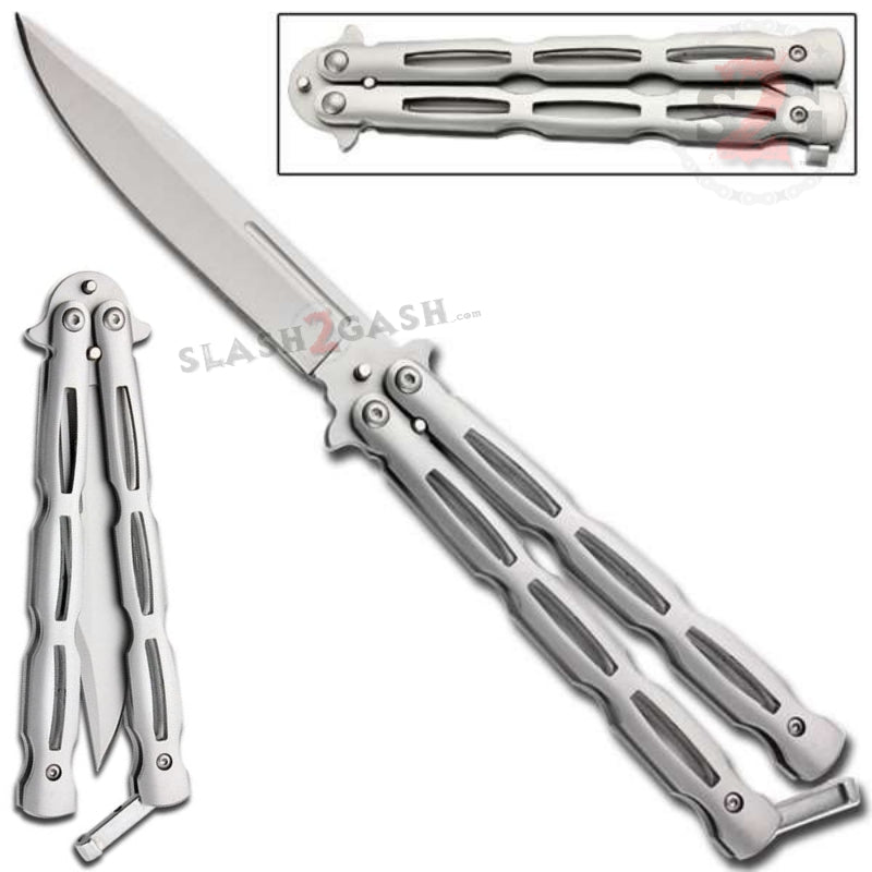 Chainlink Butterfly Knife w/ Cutouts Balisong - Silver Silver Knife-Balisong - Tophatter Daily Deals