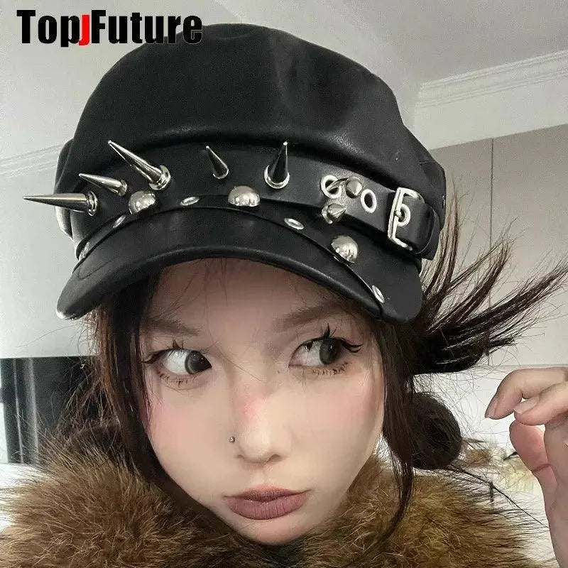 Unisex style Harajuku Gothic Lolita Hat Women Men Punk Biker Style beret subculture metal Cap Streetwear Rivet spike Arm Cap - Tophatter Daily Deals