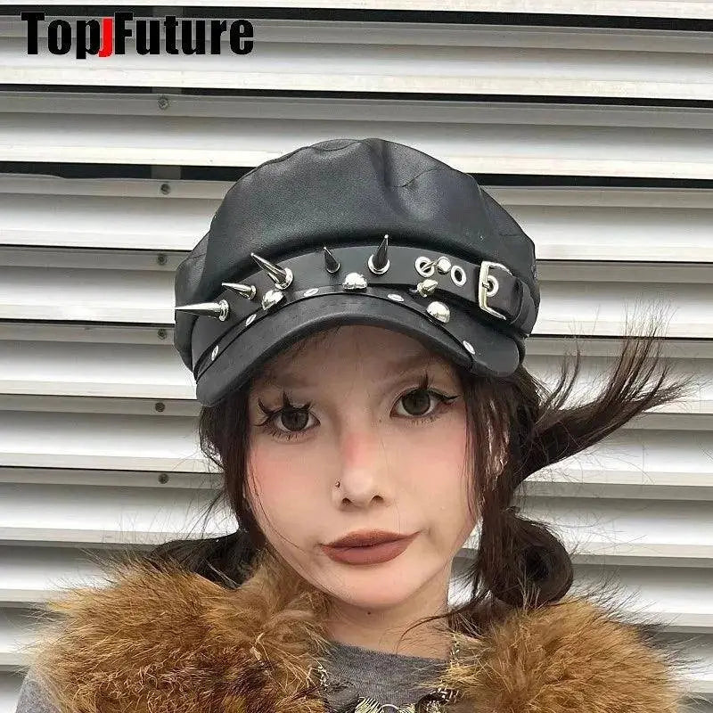 Unisex style Harajuku Gothic Lolita Hat Women Men Punk Biker Style beret subculture metal Cap Streetwear Rivet spike Arm Cap - Tophatter Daily Deals