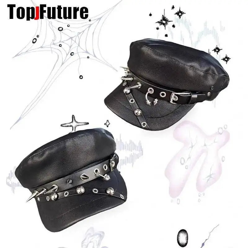 Unisex style Harajuku Gothic Lolita Hat Women Men Punk Biker Style beret subculture metal Cap Streetwear Rivet spike Arm Cap - Tophatter Daily Deals