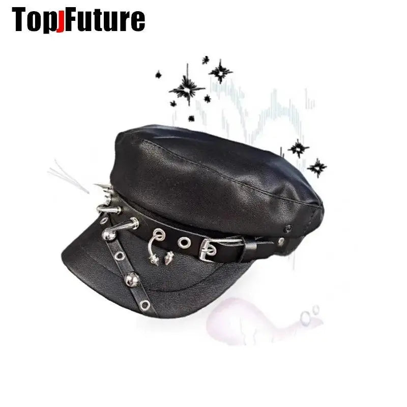 Unisex style Harajuku Gothic Lolita Hat Women Men Punk Biker Style beret subculture metal Cap Streetwear Rivet spike Arm Cap black - Tophatter Daily Deals