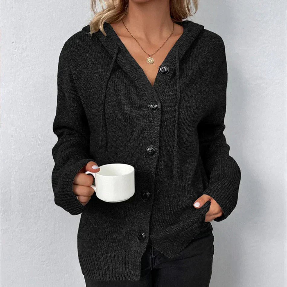 Oversized Women Cardigan - Hooded Button, Textured Knit Black - Tophatter Daily Deals