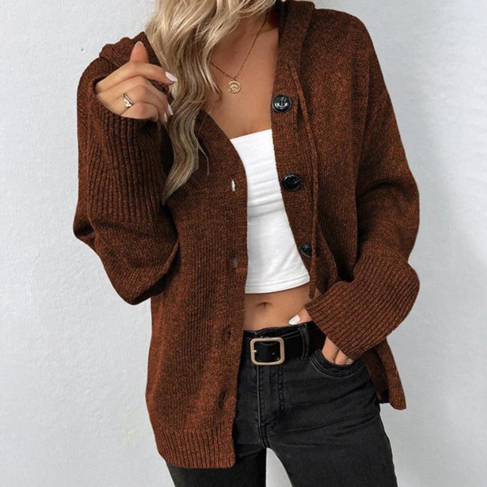 Oversized Women Cardigan - Hooded Button, Textured Knit Brown - Tophatter Daily Deals