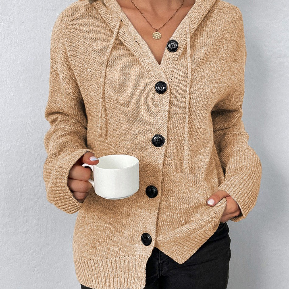 Oversized Women Cardigan - Hooded Button, Textured Knit Khaki - Tophatter Daily Deals